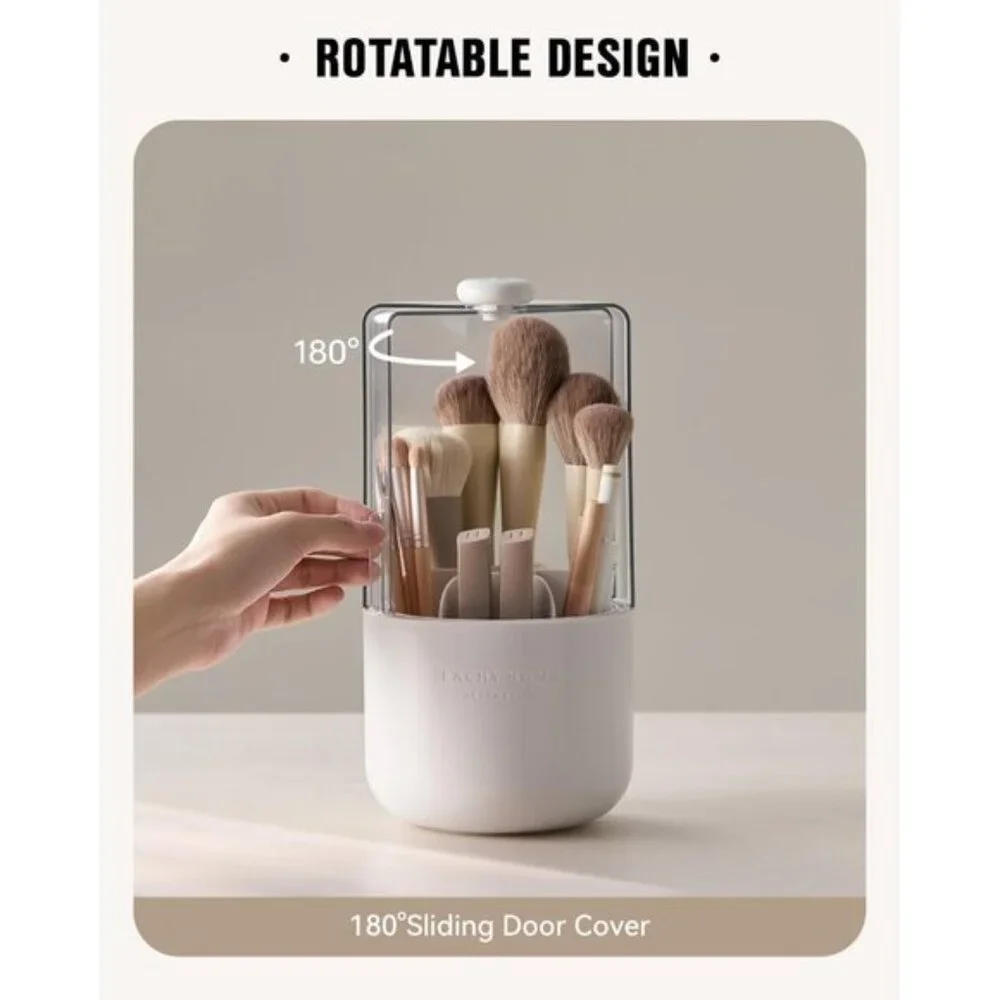 New 360° Rotating Makeup Brush Holder, Dustproof, 7-Compartment Vanity Organizer